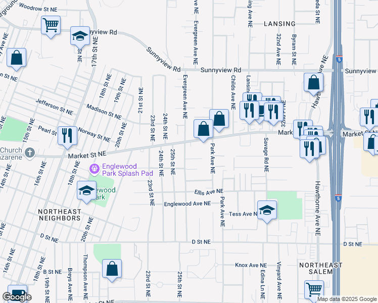 map of restaurants, bars, coffee shops, grocery stores, and more near 1560 Evergreen Avenue Northeast in Salem