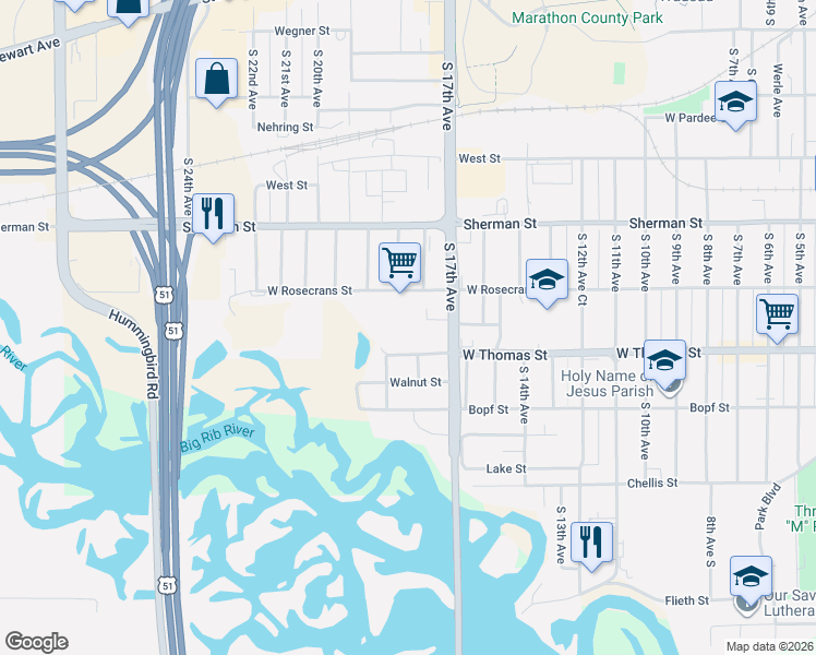 map of restaurants, bars, coffee shops, grocery stores, and more near 1024 South 17th Avenue in Wausau