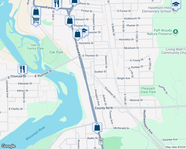 map of restaurants, bars, coffee shops, grocery stores, and more near 906 Prospect Avenue in Wausau