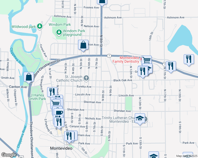 map of restaurants, bars, coffee shops, grocery stores, and more near 709 Black Oak Avenue in Montevideo