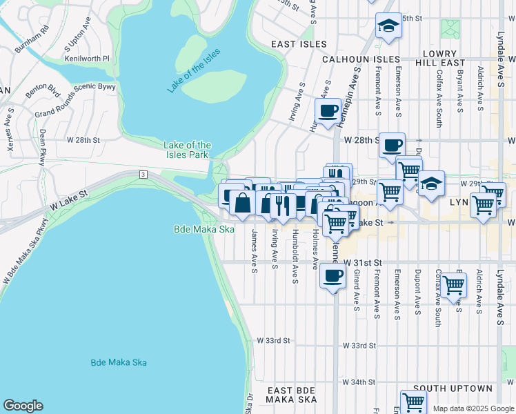 map of restaurants, bars, coffee shops, grocery stores, and more near 1619 Lagoon Avenue in Minneapolis