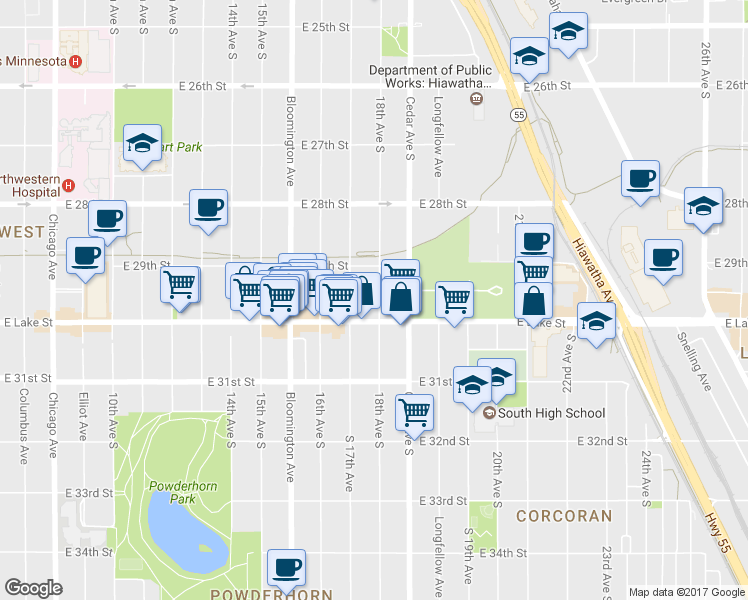 map of restaurants, bars, coffee shops, grocery stores, and more near 2934 18th Avenue South in Minneapolis