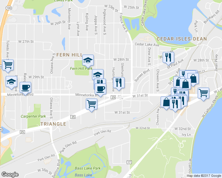 map of restaurants, bars, coffee shops, grocery stores, and more near 2924 Huntington Avenue in Minneapolis