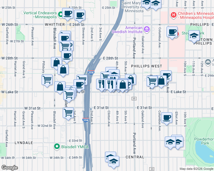 map of restaurants, bars, coffee shops, grocery stores, and more near 2928 Clinton avenue in Minneapolis