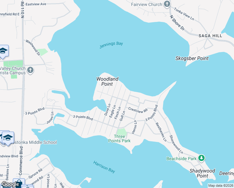 map of restaurants, bars, coffee shops, grocery stores, and more near 1590 Eagle Lane in Mound
