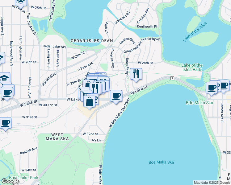 map of restaurants, bars, coffee shops, grocery stores, and more near 3100 West Lake Street in Minneapolis