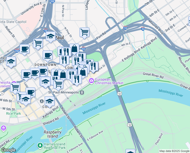 map of restaurants, bars, coffee shops, grocery stores, and more near 340 North Broadway Street in Saint Paul