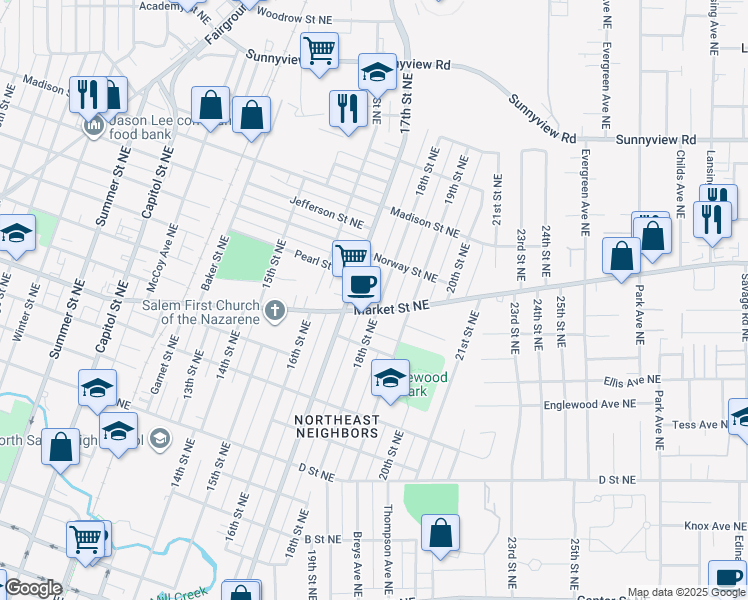 map of restaurants, bars, coffee shops, grocery stores, and more near 1415 18th Street Northeast in Salem