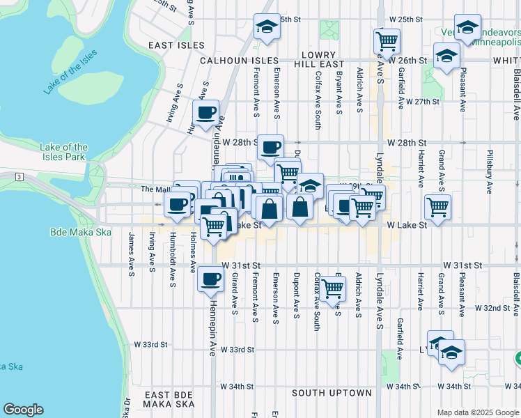 map of restaurants, bars, coffee shops, grocery stores, and more near 1215 Lagoon Avenue in Minneapolis