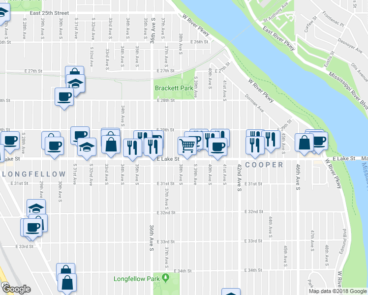 map of restaurants, bars, coffee shops, grocery stores, and more near 2933 38th Avenue South in Minneapolis