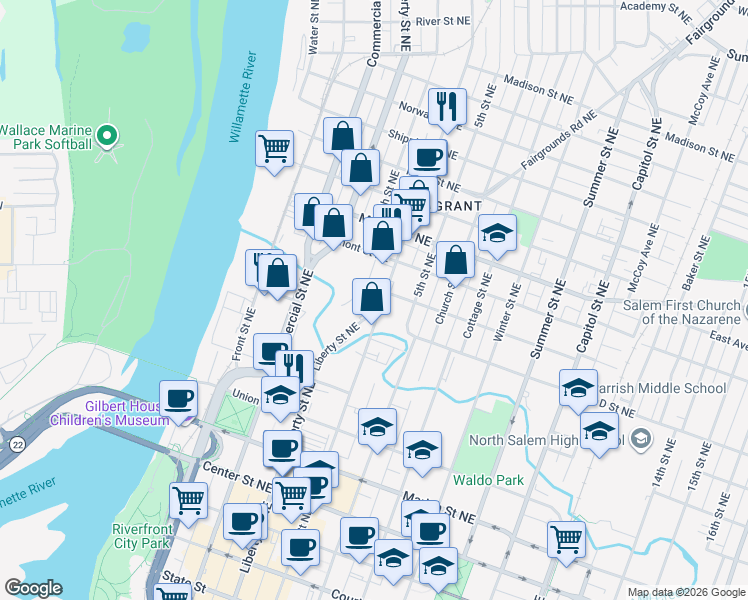 map of restaurants, bars, coffee shops, grocery stores, and more near 965 Broadway Street Northeast in Salem