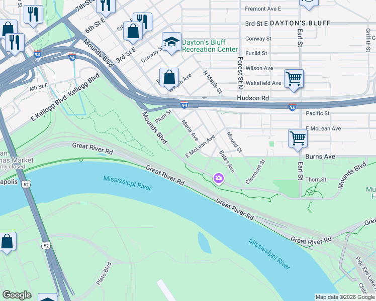 map of restaurants, bars, coffee shops, grocery stores, and more near 134 Mounds Boulevard in Saint Paul