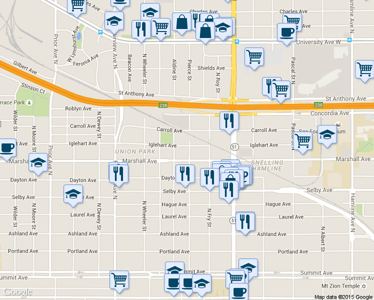 map of restaurants, bars, coffee shops, grocery stores, and more near 1650 Iglehart Avenue in Saint Paul