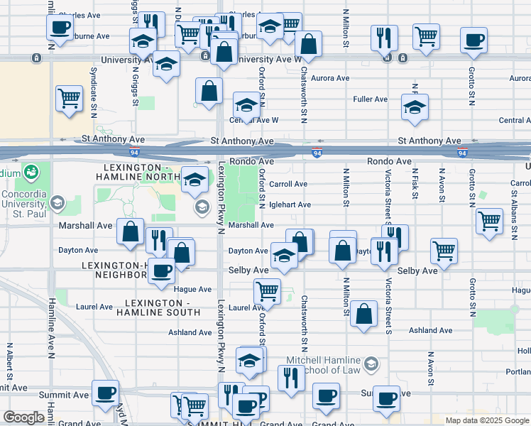 map of restaurants, bars, coffee shops, grocery stores, and more near 1034 Oxford Street North in Saint Paul