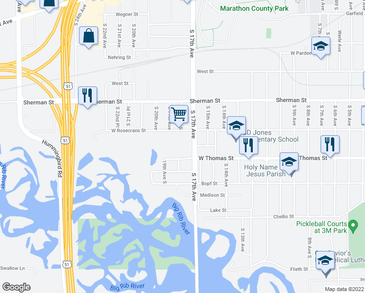 map of restaurants, bars, coffee shops, grocery stores, and more near 1024 South 17th Avenue in Wausau