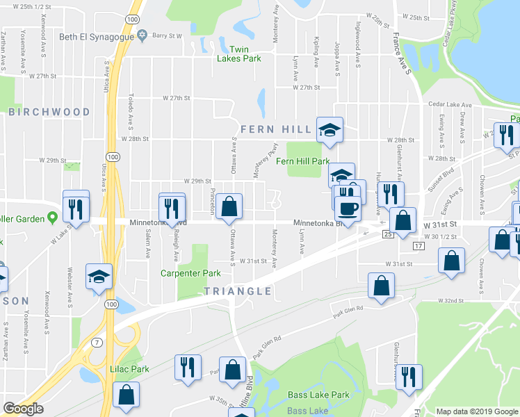 map of restaurants, bars, coffee shops, grocery stores, and more near 2937 Natchez Avenue South in Minneapolis