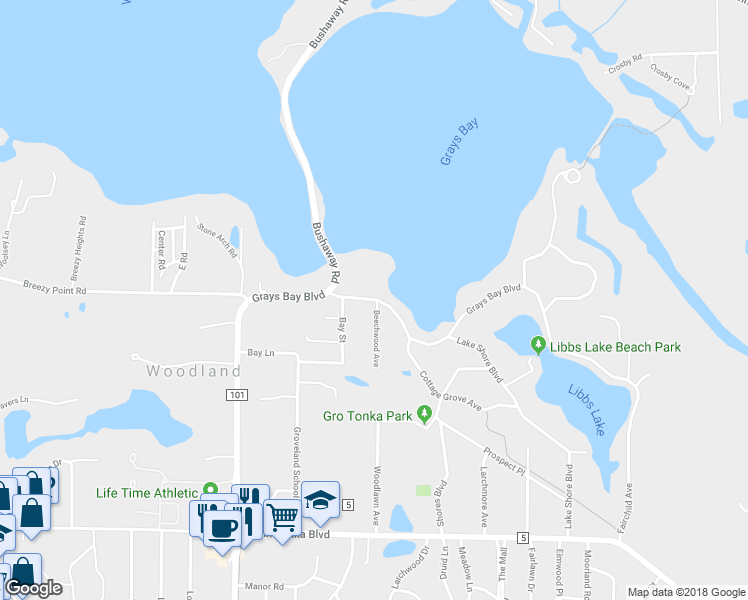 map of restaurants, bars, coffee shops, grocery stores, and more near 17205 Grays Bay Boulevard in Wayzata