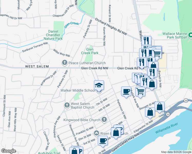 map of restaurants, bars, coffee shops, grocery stores, and more near 1022 Pali Drive Northwest in Salem