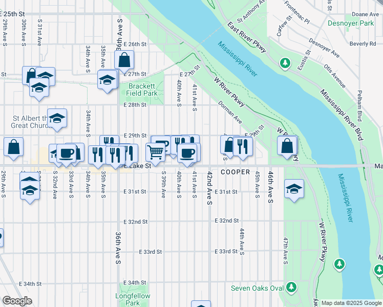 map of restaurants, bars, coffee shops, grocery stores, and more near 2932 41st Avenue South in Minneapolis