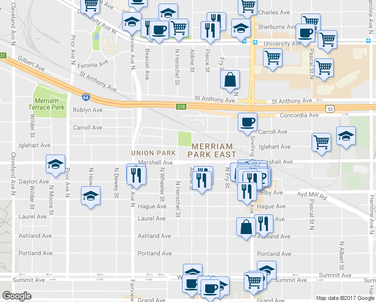 map of restaurants, bars, coffee shops, grocery stores, and more near 1704 Iglehart Avenue in Saint Paul