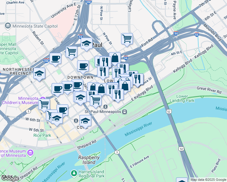 map of restaurants, bars, coffee shops, grocery stores, and more near 240 East 5th Street in Saint Paul