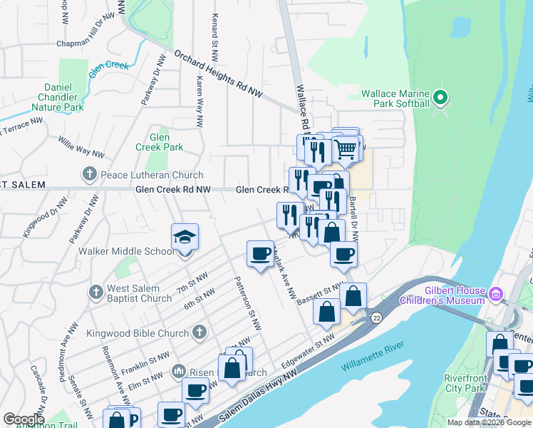 map of restaurants, bars, coffee shops, grocery stores, and more near 825 9th Street Northwest in Salem
