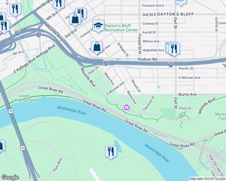 map of restaurants, bars, coffee shops, grocery stores, and more near 115 North Maria Avenue in Saint Paul