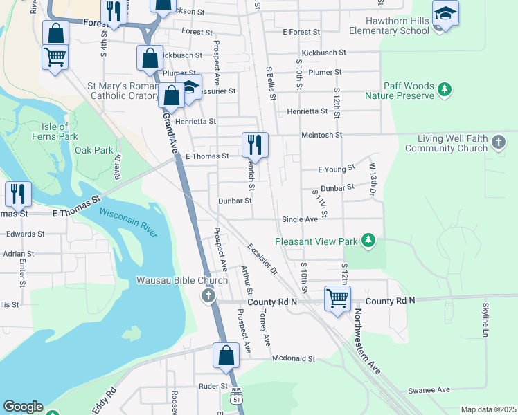 map of restaurants, bars, coffee shops, grocery stores, and more near 909 Genrich Street in Wausau