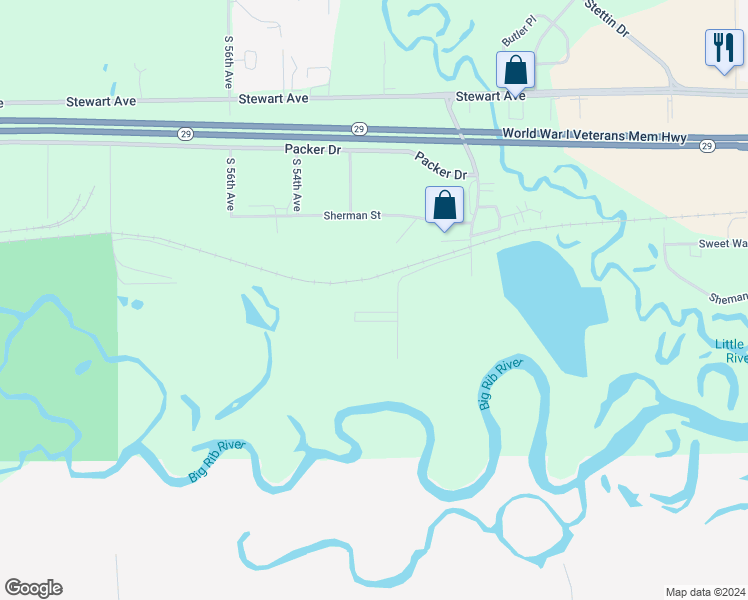 map of restaurants, bars, coffee shops, grocery stores, and more near 1000 South 50th Avenue in Wausau