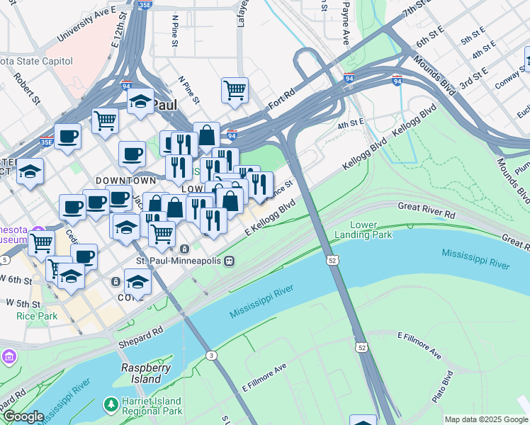 map of restaurants, bars, coffee shops, grocery stores, and more near 340 North Broadway Street in Saint Paul