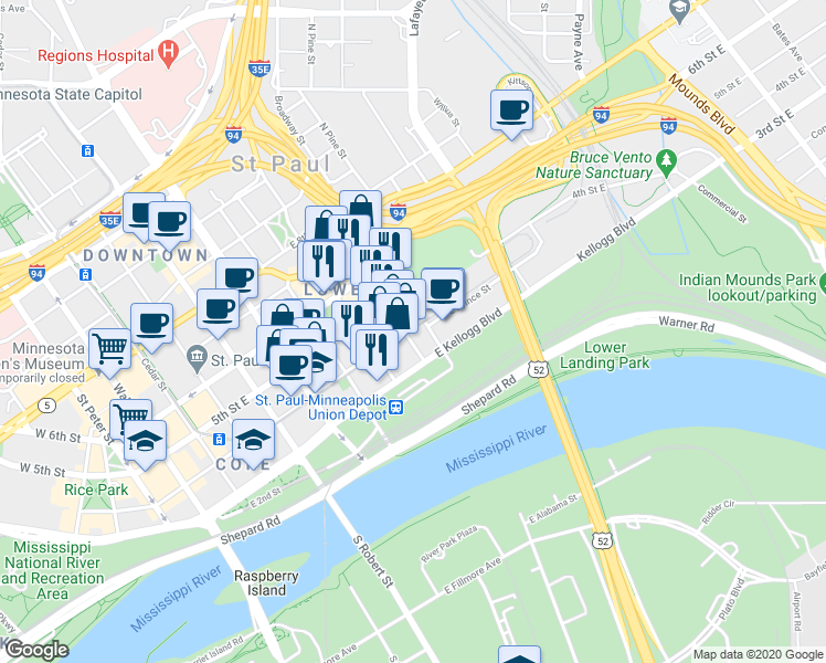 map of restaurants, bars, coffee shops, grocery stores, and more near 244 4th Street East in Saint Paul