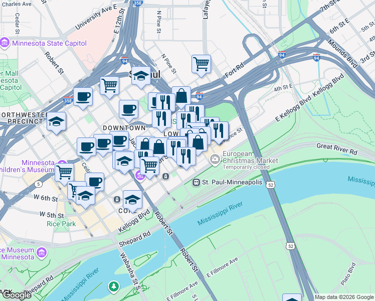 map of restaurants, bars, coffee shops, grocery stores, and more near 240 5th Street East in Saint Paul