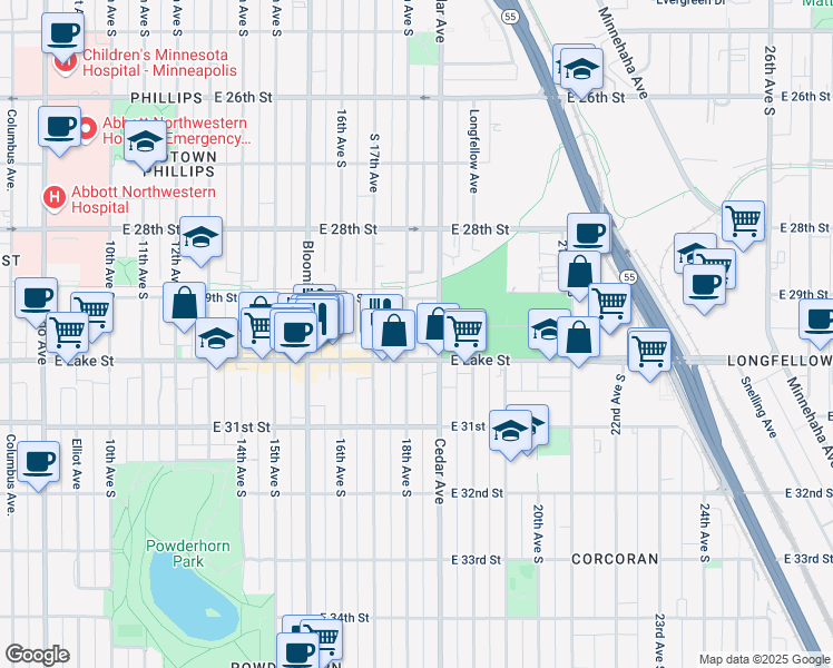 map of restaurants, bars, coffee shops, grocery stores, and more near 2934 18th Avenue South in Minneapolis