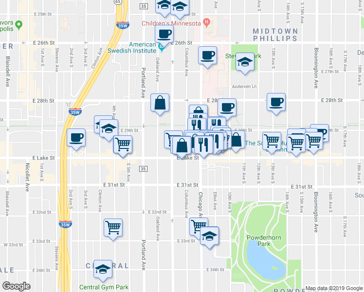 map of restaurants, bars, coffee shops, grocery stores, and more near 2930 Columbus Avenue South in Minneapolis