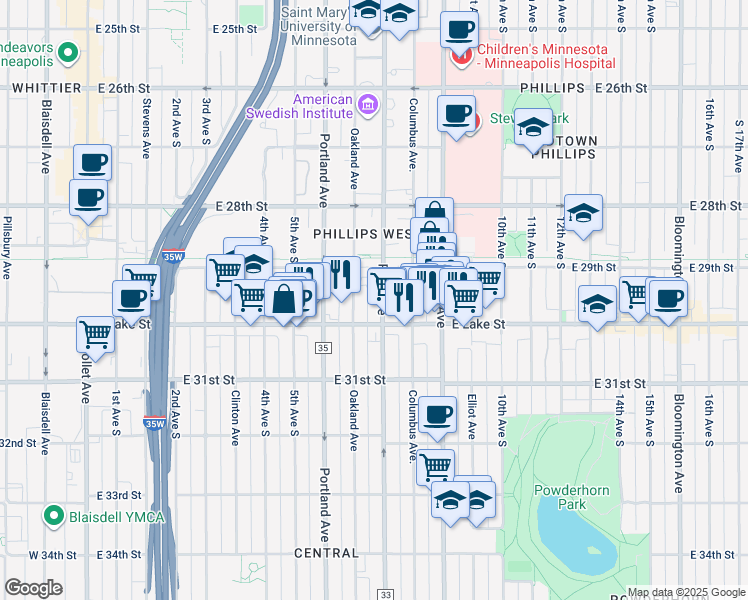 map of restaurants, bars, coffee shops, grocery stores, and more near 2938 Park Avenue in Minneapolis