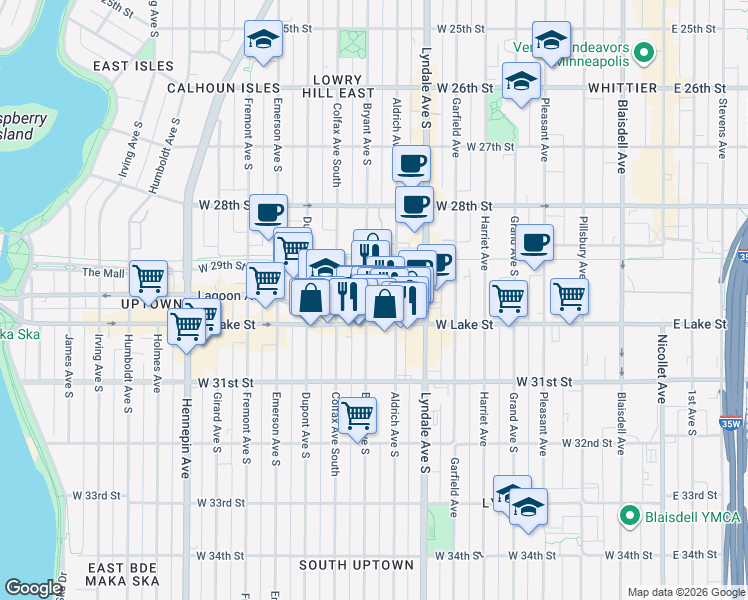 map of restaurants, bars, coffee shops, grocery stores, and more near 2932 Bryant Avenue South in Minneapolis