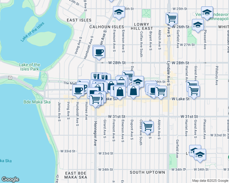 map of restaurants, bars, coffee shops, grocery stores, and more near 1215 Lagoon Avenue in Minneapolis
