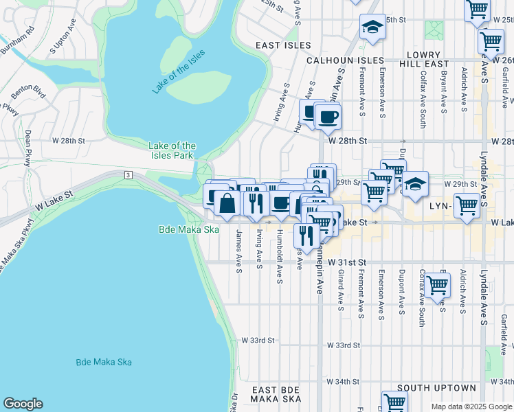 map of restaurants, bars, coffee shops, grocery stores, and more near 1619 Lagoon Avenue in Minneapolis