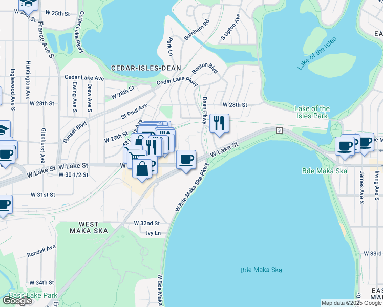 map of restaurants, bars, coffee shops, grocery stores, and more near 3100 West Lake Street in Minneapolis
