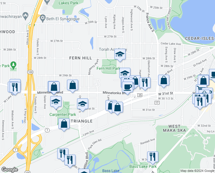 map of restaurants, bars, coffee shops, grocery stores, and more near 4400 Minnetonka Boulevard in Minneapolis