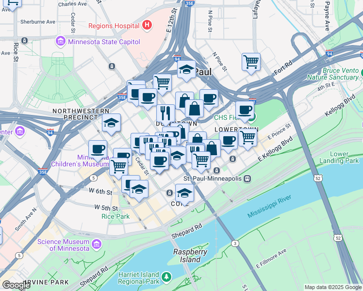 map of restaurants, bars, coffee shops, grocery stores, and more near 400 Robert Street North in Saint Paul