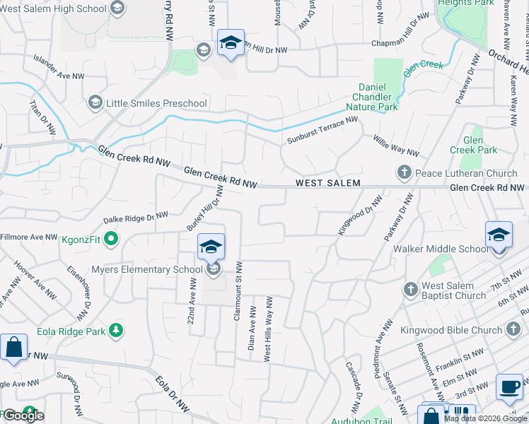 map of restaurants, bars, coffee shops, grocery stores, and more near 1030 Windemere Drive Northwest in Salem