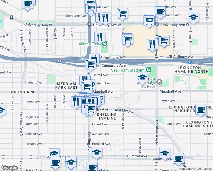 map of restaurants, bars, coffee shops, grocery stores, and more near 1536 Iglehart Avenue in Saint Paul