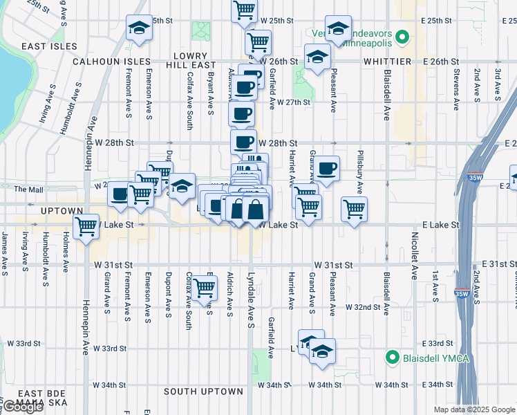 map of restaurants, bars, coffee shops, grocery stores, and more near 621 West Lake Street in Minneapolis
