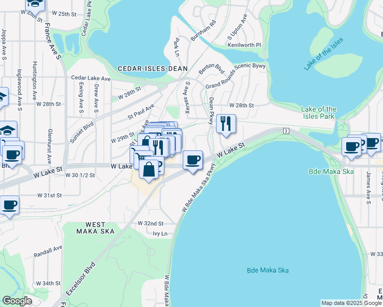 map of restaurants, bars, coffee shops, grocery stores, and more near 3100 West Lake Street in Minneapolis