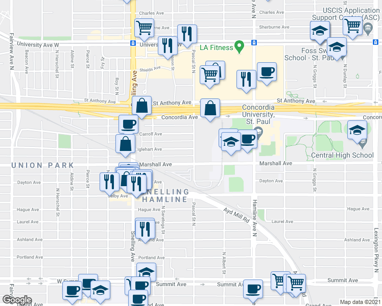 map of restaurants, bars, coffee shops, grocery stores, and more near 1462 Iglehart Avenue in Saint Paul