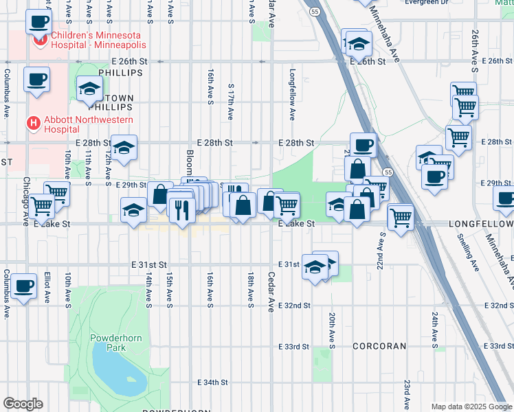 map of restaurants, bars, coffee shops, grocery stores, and more near 2934 18th Avenue South in Minneapolis