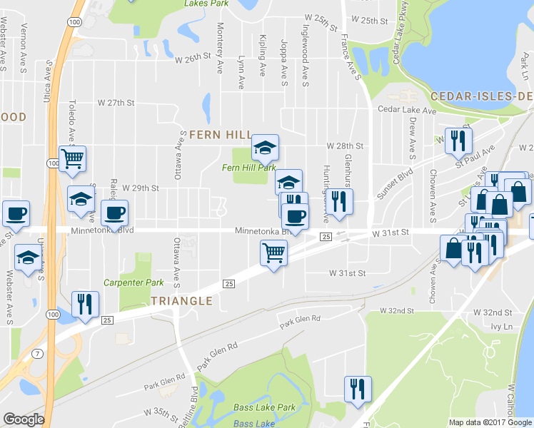 map of restaurants, bars, coffee shops, grocery stores, and more near 4320 Minnetonka Boulevard in Saint Louis Park
