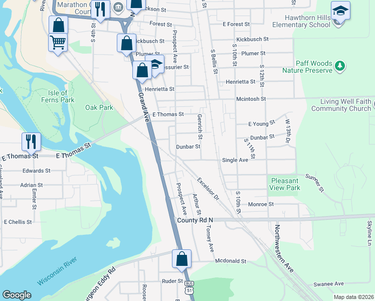 map of restaurants, bars, coffee shops, grocery stores, and more near 811 Dunbar St in Wausau