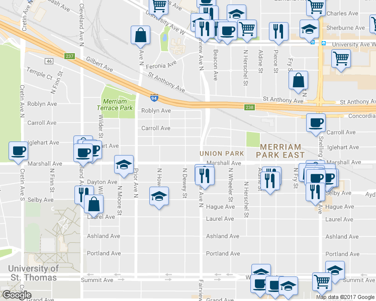 map of restaurants, bars, coffee shops, grocery stores, and more near 1844 Iglehart Avenue in Saint Paul
